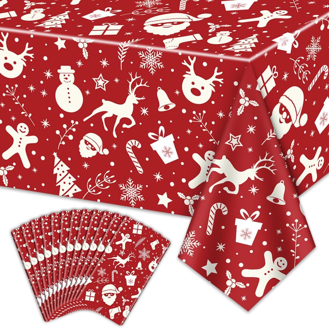Christmas Tablecloths for Rectangle Table, 87x51'' Santa Claus Snowman Reindeer Snowflake Xmas Plastic Disposable Table Cover for Christmas Party Winter Events Decorations, Red, 12 Pack