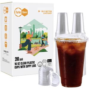 Turbo Bee 16 OZ 200 Sets Clear Plastic Cups with Strawless Sip Lids, To Go Crystal Clear Disposable Plastic Cups with Lids for Iced Coffee, Smoothies, Soda, Lemonade, Cold Beverage