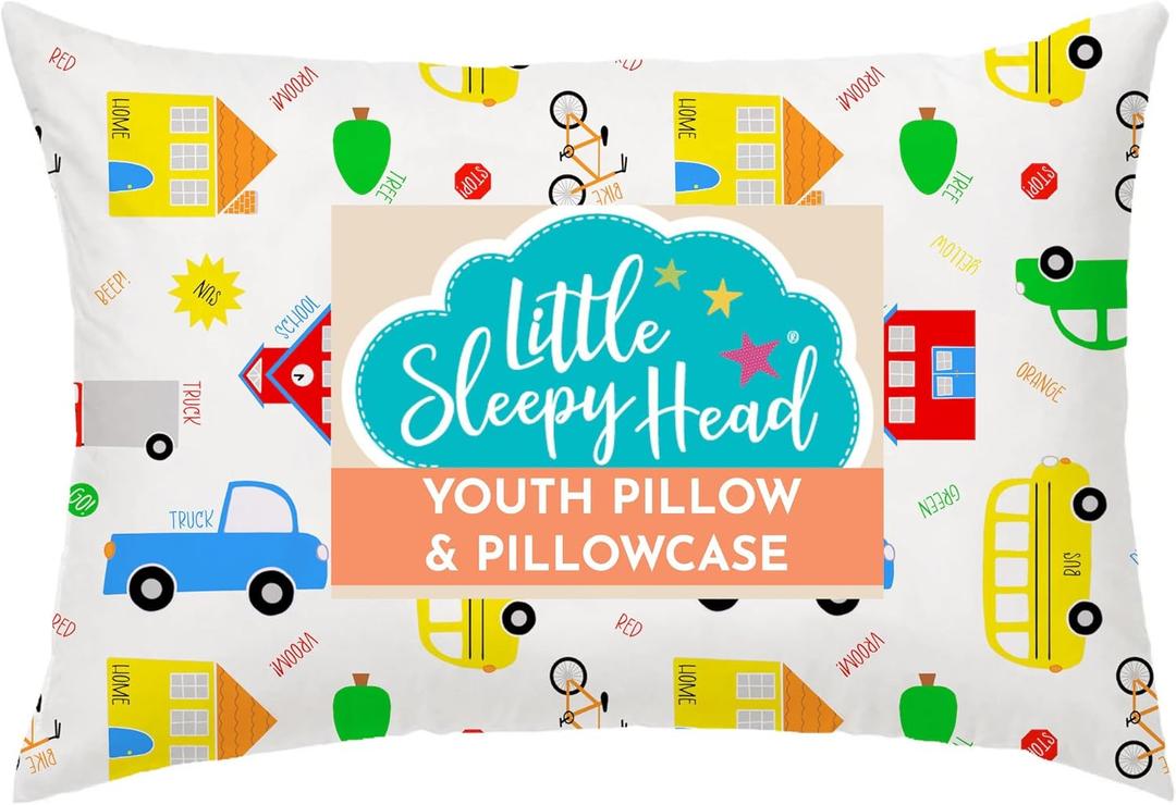 Little Sleepy Head Youth Pillow with Pillowcase 16x22, Soft Jumbo Toddler Pillows, Hypoallergenic Pillow Case - Best Kids Pillows for Sleeping, Perfect Kids Travel Pillows (Trucks 'N Cars)