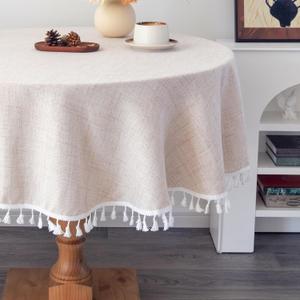 Linen Round Tablecloth 52 Inch Beige Washable Wrinkle Resistant Table Cloths with Tassels Farmhouse Decorative Burlap Fabric Table Cover for Wedding Camping Party Holiday