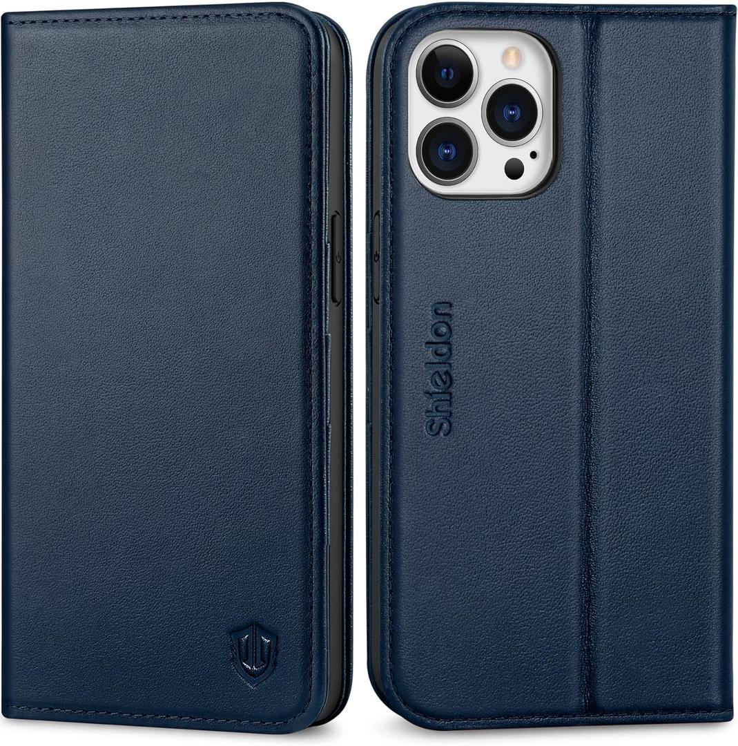 SHIELDON Wallet Case for iPhone 13 Pro Max 5G, Genuine Leather Magnetic Folding Shockproof Full Protection Case with Kickstand Credit Card Slots Compatible with iPhone 13 Pro Max (6.7") - Navy Blue