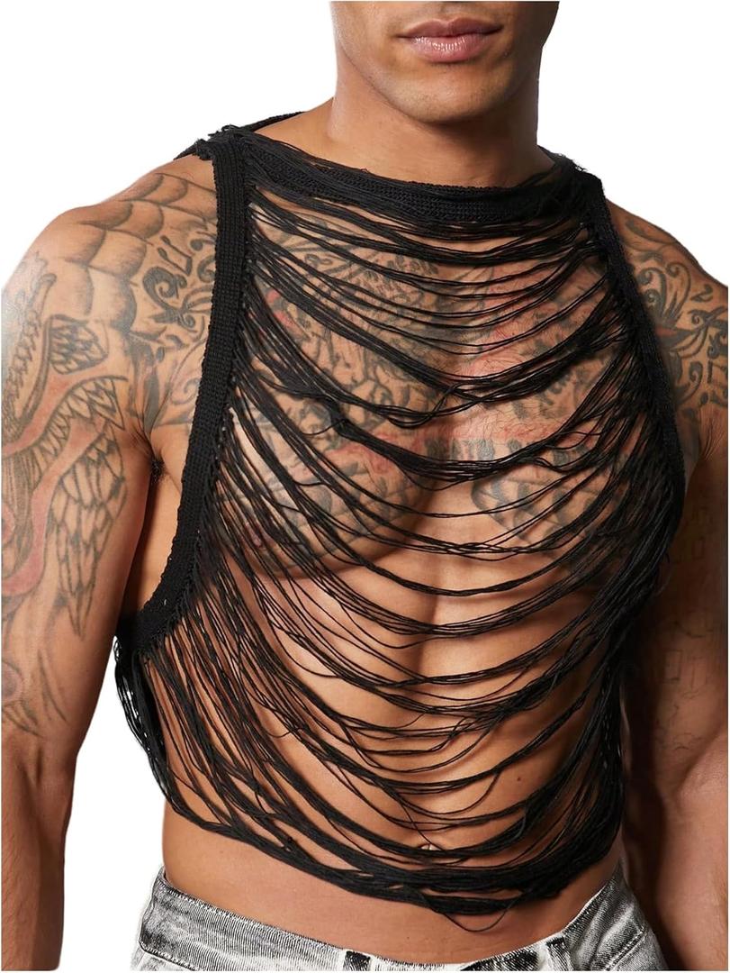 OYOANGLE Men's Hollow Out Ripped Sweater Vest Sleeveless See Through Crop Tank Tops Party Clubwear (Black, L)