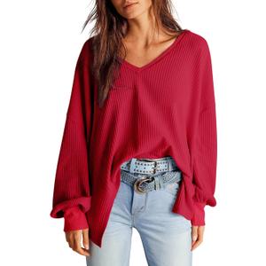 Dokotoo Womens Waffle Knit Tops Fashion 2025 Long Lantern Sleeve Casual Blouses V Neck Oversized T Shirts (XX-Large, Red)