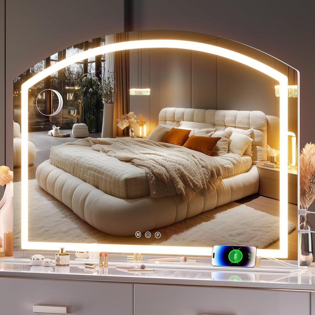 Hasipu Arch Vanity Mirror with Light, 40" x 30" Arched Led Makeup Mirror with 10X Magnification, Lighted Makeup Mirror Desktop with USB Charging Port, Dimmable 3 Colors Mode (White)