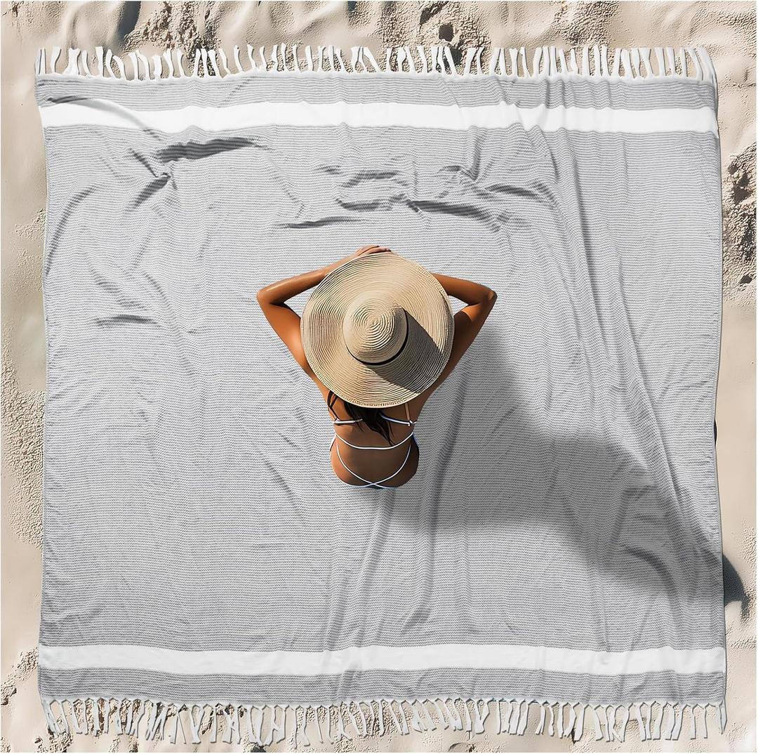 Oversized Turkish Beach Towel Blanket XXL Cotton Sandproof Towels Boho Woven Extra Large Big Sand Free Giant Throw Blankets Huge Quilt XL Picnic Camping Necessities Cloud For Adult Gifts Grey (XXXL(88x82 IN,224x208 CM))