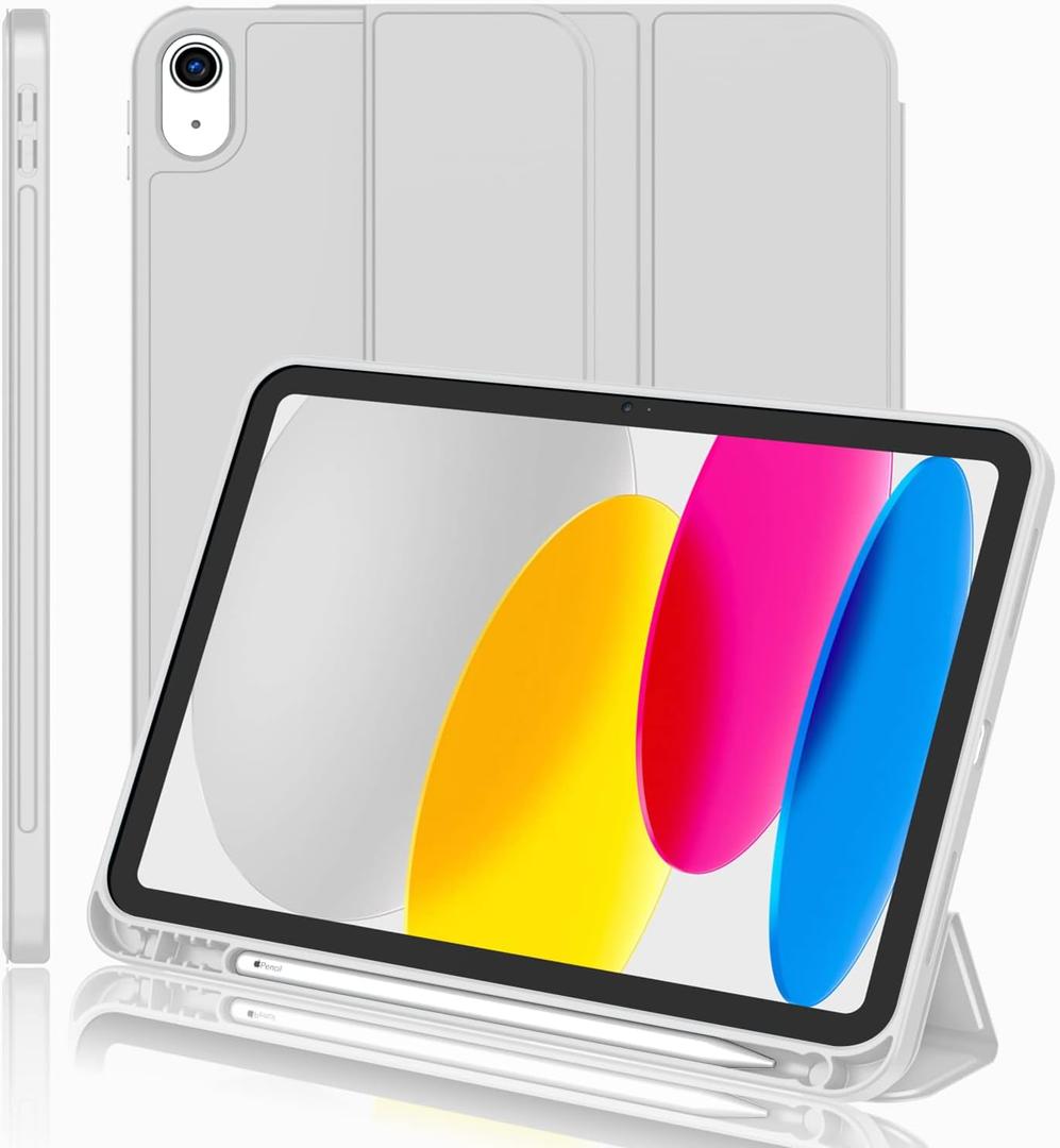 iMieet iPad (A16) Case 11th Gen/iPad 10th Generation Case [11-Inch 2025/10.9 Inch 2022] with Pencil Holder, Trifold Stand Smart Cover with Soft TPU Back,Auto Wake/Sleep(New Light Gray)