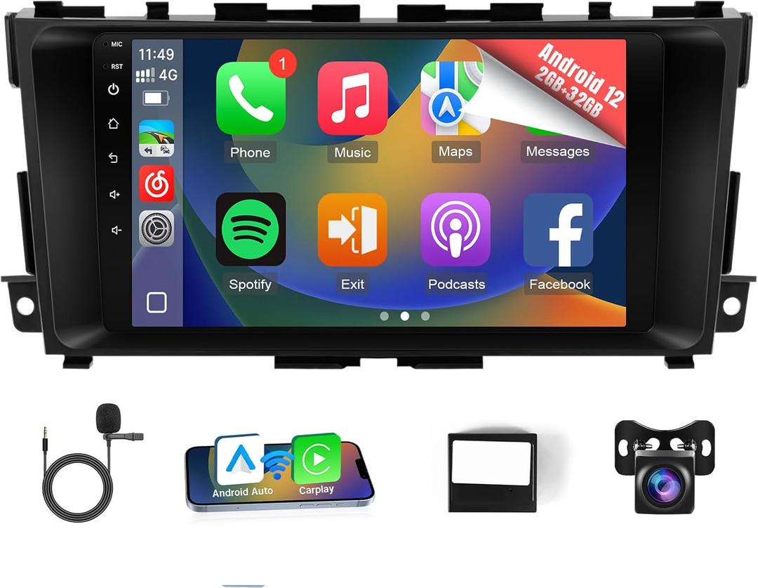 Naifay Android 12 Car Radio for Nissan Altima 2013-2018(Not Fit Premium Audio System&Large Screen), 9inch Touch Screen for Altima Stereo with Carplay Android Auto Bluetooth FM GPS WiFi Camera