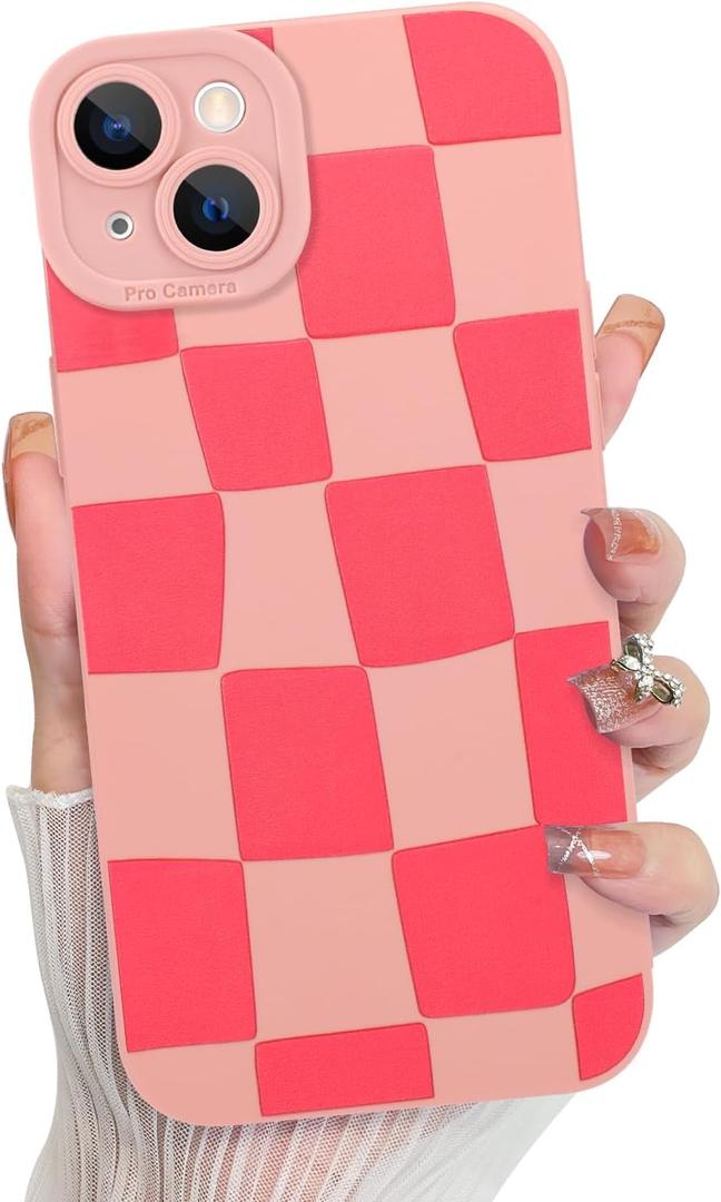 KANGHAR Compatible with iPhone 14 Case, Silicone Checkered Cute Pattern, Camera Protection Soft Slim Phone Case for Girls Women - Pink