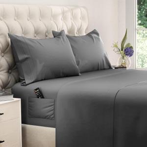 DREAMCARE Queen Size Sheets - Cooling Bed Sheets - 4pcs Set - up to 15" Deep Pocket Queen Sheet Set - Sheets Queen Size Bed - Soft & Long Lasting 100% Fine Brushed Polyester with Side Pocket - DGray (05 - Dark Gray)
