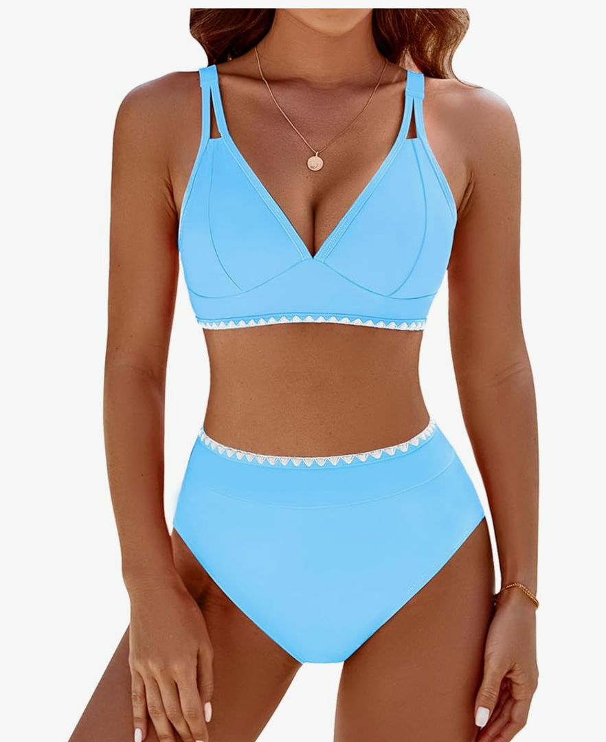 BMJL Women's Bikini Sets V Neck High Waisted Swimsuits Shell Stitched Cheeky Two Piece Bathing Suit, M