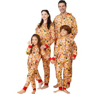 ANGELGGH Matching Family Christmas Onesie Pajamas, Cute Vacation Print One Piece PJs, Hooded Holiday Loungewear with Pockets (Men, L, Yellow Ho) (L)
