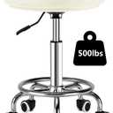 Adjustable Rolling Stool with Wheels Heavy Duty 500lb Round RollingStool with Footrest, Patent Leather Drafting Stool Chair with Wheels Work Spa Salon Seat,White, No Backrest