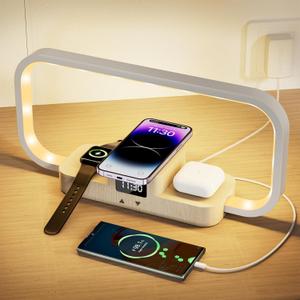 LED Bedside Lamp, Desk Lamp with Wireless Charger with 3 Charging Station, 5 Color Mode & Dimmable, Touch Lamps for Nightstand with Clock, Night Table Lamp for Bedroom, Gifts for Women, Men, Friends (White)