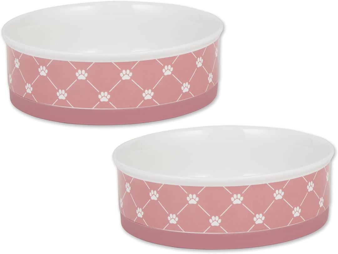 Bone Dry Trellis Paw Print Pet Bowl Set Microwave & Dishwasher Safe, Non-Slip Silicone Bottom for Less Mess, Large 7.5x2.4, Rose, 2 Count