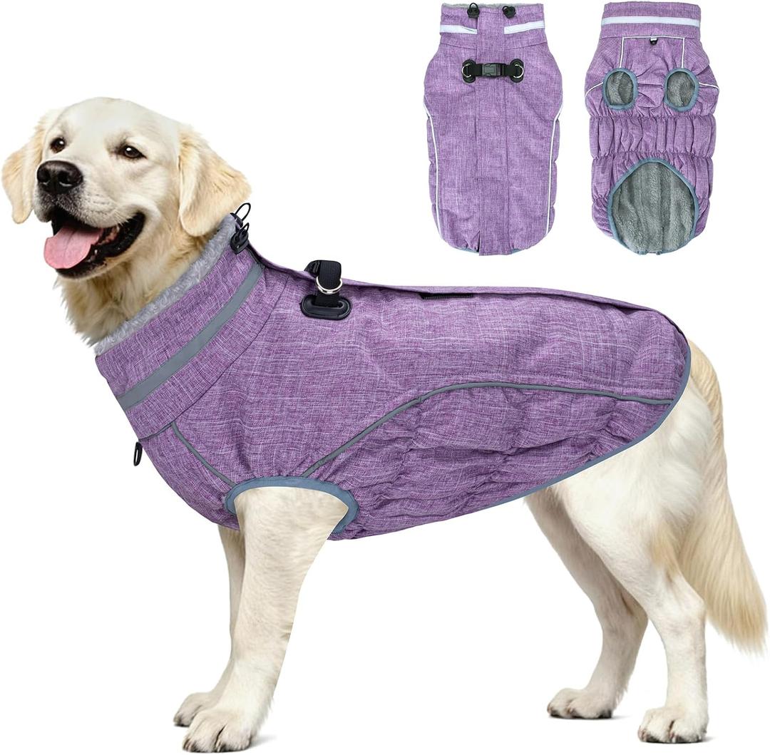 Malier Dog Coat, Reflective Dog Jacket Waterproof Windproof Puppy Cold Weather Coats with Harness Built in, Winter Extra Warm Pet Coat Fleece Vest for Large Pets and Puppy (Purple, XLarge)