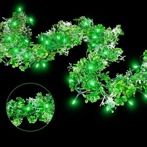 MJZ 2 Pack 9.85 FT St Patrick's Day Garland with Green LED Lights, Battery Operated Irish Shamrock Garland Fairy Lights with 8 Modes, St Patricks Day Decorations for Mantle Porch Door Stairs Table