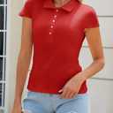 Womens Deep V Neck Tops Casual Cap Sleeve Polo Shirts Collared Button Up Ribbed Knit Tees (L)