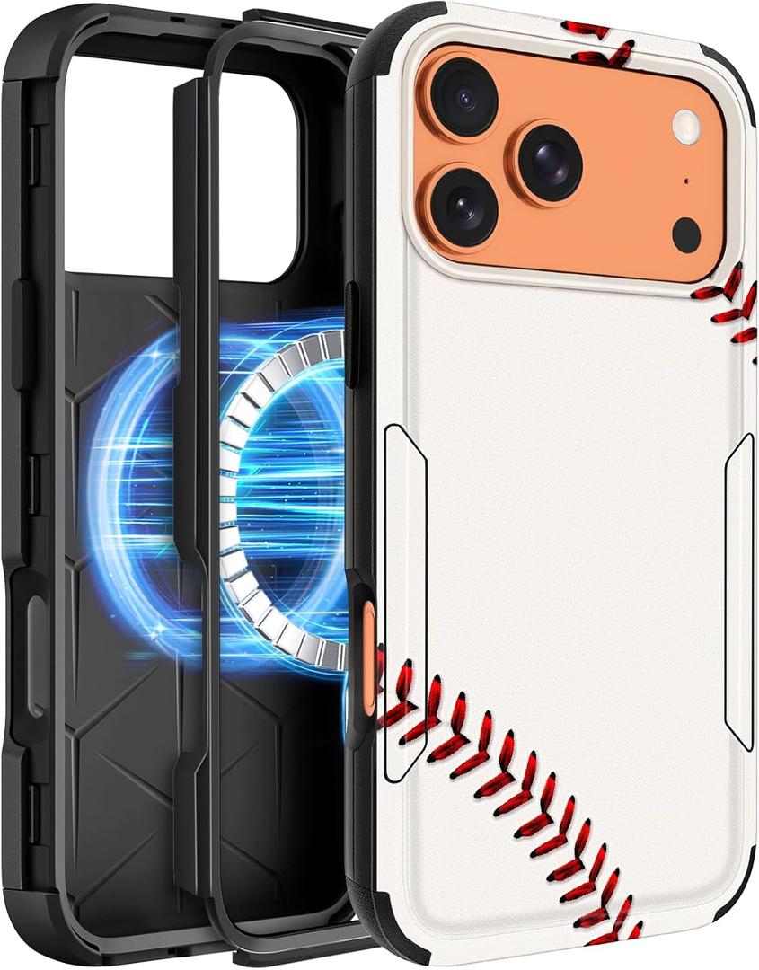 Heavy Duty for iPhone 17 Pro Case - Compatible with MagSafe Shockproof Protective Rugged Magnetic Men Military Grade Shock Drop Proof Durable Phone Cover Funda for Apple 17Pro Case, Baseball