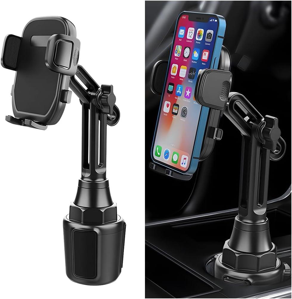 Car Cup Phone Holder, 360 Rotation Carbon Fiber Vehicle Cup Cellphone Holder with Long & Adjustable Neck, Auto Interior Smartphone Expander Mount Accessories, Universal Fit