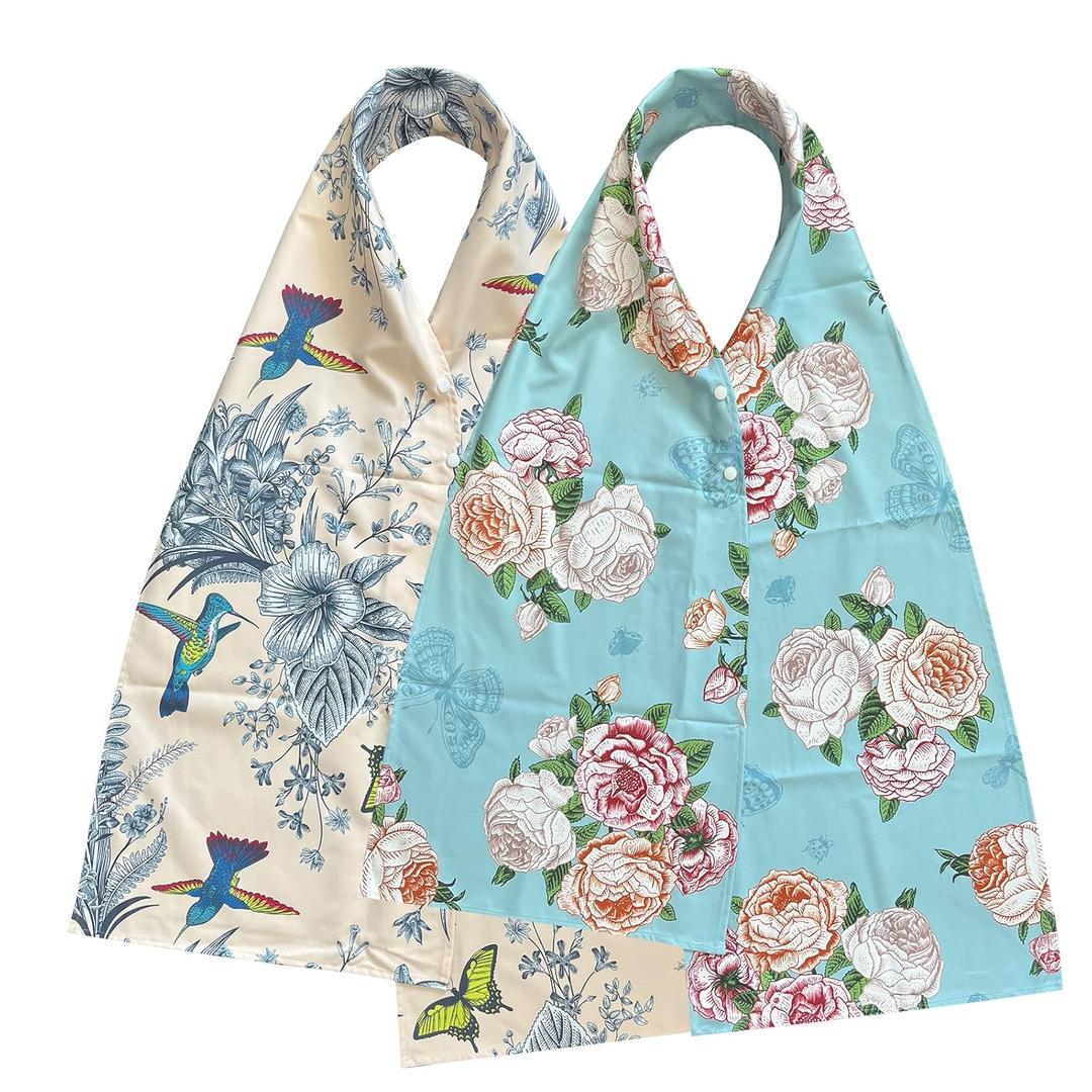 Adult Bibs Scarf for Women Eating - Dignified Alternative to Bib for Reusable Elderly Adults Senior Citizens Washable Dining Adjustable Snap Closure Baberos Para Adultos (2 psc, Vintage White Bird+vintage Blue Flower)
