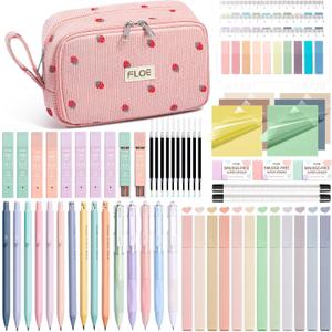 62PCS Aesthetic School Supplies, Cute Back to School Supplies College Essentials Preppy Stationary Set with Large Pencil Pouch Case, Pastel Highlighters Gel Pens Mechanical Pencils for Student Girls (Pink Strawberry)