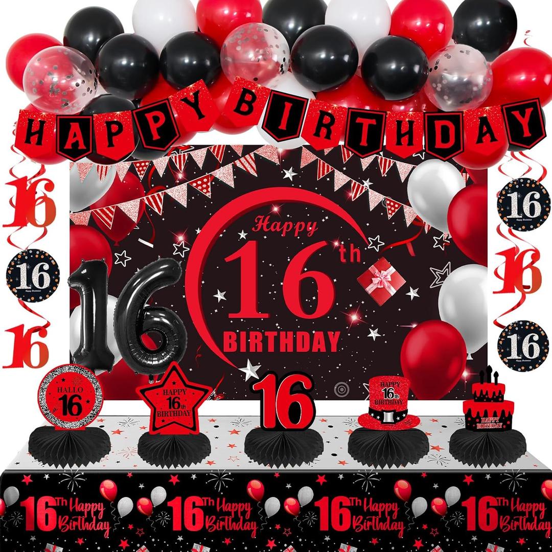 16th Birthday Decorations for Boys Girls Red Black, Sweet 16 Party Decorations with Happy 16th Birthday Banner Backdrop 16 Balloon Numbers Honeycomb Centerpieces Tablecloth 16 Years Old Party Supplies