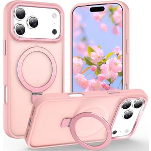 Magnetic for iPhone 17 Pro Max Case with Ring Stand, [10 FT Drop Protection] [Velvety Touch] Slim Translucent Matte Back Shockproof Phone Case for iPhone 17 Pro Max 6.9'', Pink