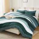 Litanika Dark Emerald Green Bed Comforter Full Set, 3 Pieces Hunter Green Bedding Set, Colorblock Stripe Vintage Style (79x90In Comforter & 2 Pillowcases)