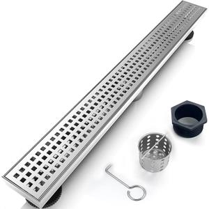 36 Inch Removable Cover Linear Shower Drain 304 Stainless Steel Rectangular Floor Drain for Kitchen Bathroom Square Hole Pattern Drain with Accessories Hair Strainer Adjustable Leveling Feet (Silver)