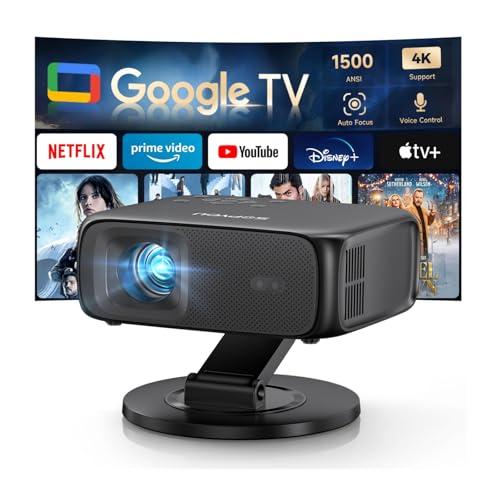 [1500ANSI/ Google TV] Smart Projector with WiFi and Bluetooth, SOPYOU Portable Outdoor Projector 4K Support, Auto Focus & Keystone, Built-in Apps, Indoor Home Theater with 360° Rotatable Stand