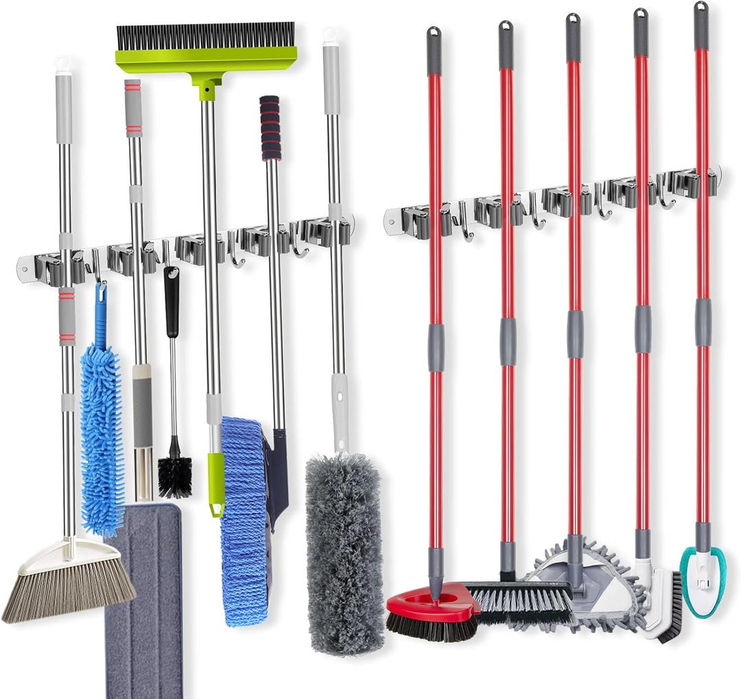 voze [2 Pack] 5 Racks and 4 Hooks Mop and Broom Holder Wall Mount, Self Adhesive Heavy Duty Broom Organizer Storage Tool Racks for Kitchen Garden Laundry Garage, Silver (5 Racks 4 Hooks 2 Packs)