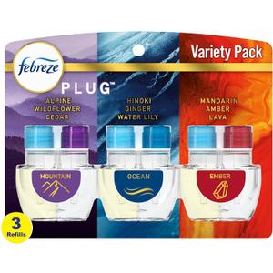 Febreze Plug In Air Freshener, Odor-Fighting Scented Oil Refill, Air Fresheners for Home and Bathroom and Kitchen, Long Lasting for Strong Odors, Moutain/Ocean/Ember Mix, 0.87oz Refills, 3 Count