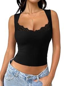 REORIA Women Summer lace Square Neck Sleeveless Tops Going Out Sexy Trendy Cropped Tank Shirts Top Black, Small