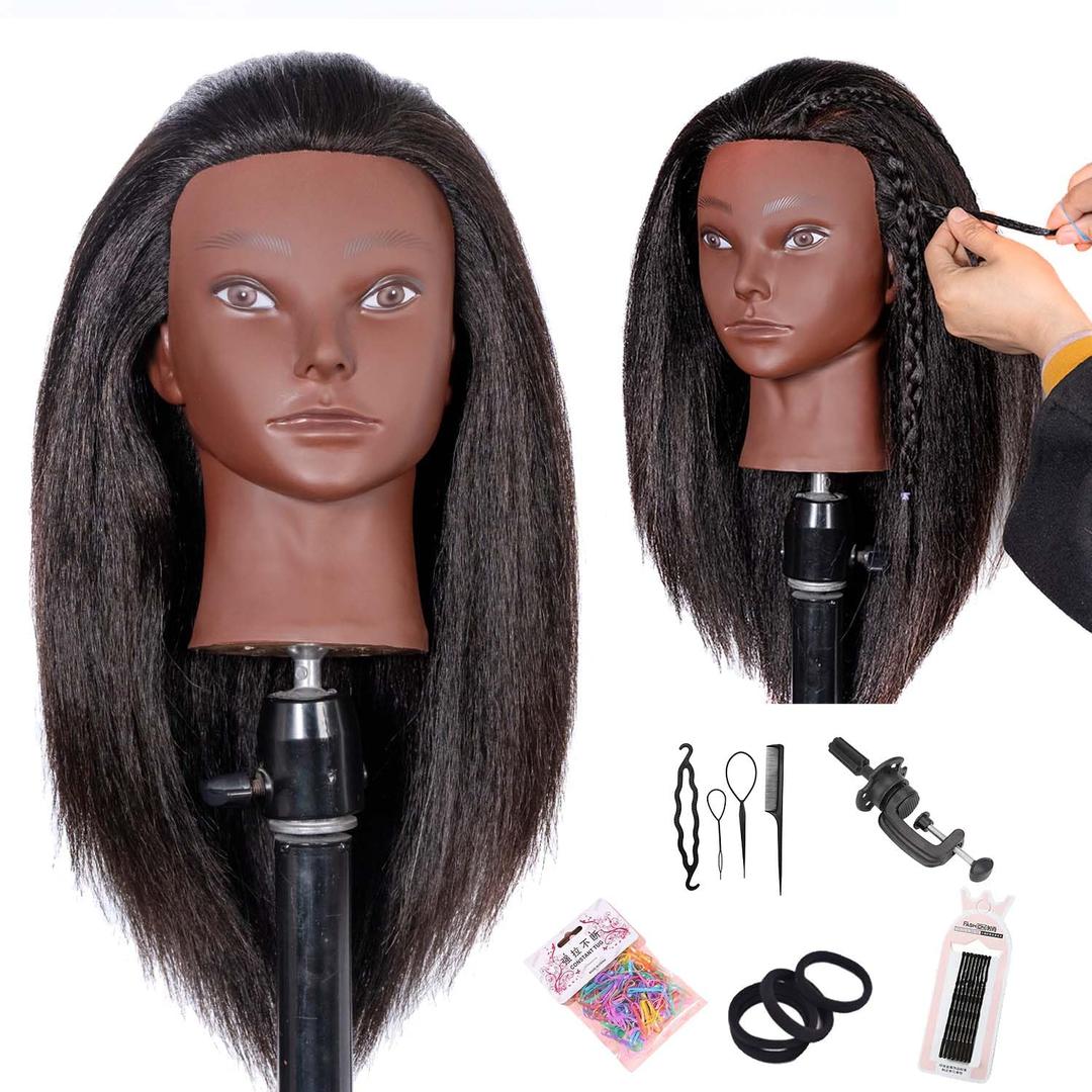 Mannequin Head Human Hair, 16inch, with 100% Human Hair, Cosmetology Doll Head for Hairdresser Practice Braiding Hair Styling, with Table Clamp Stand and Tools