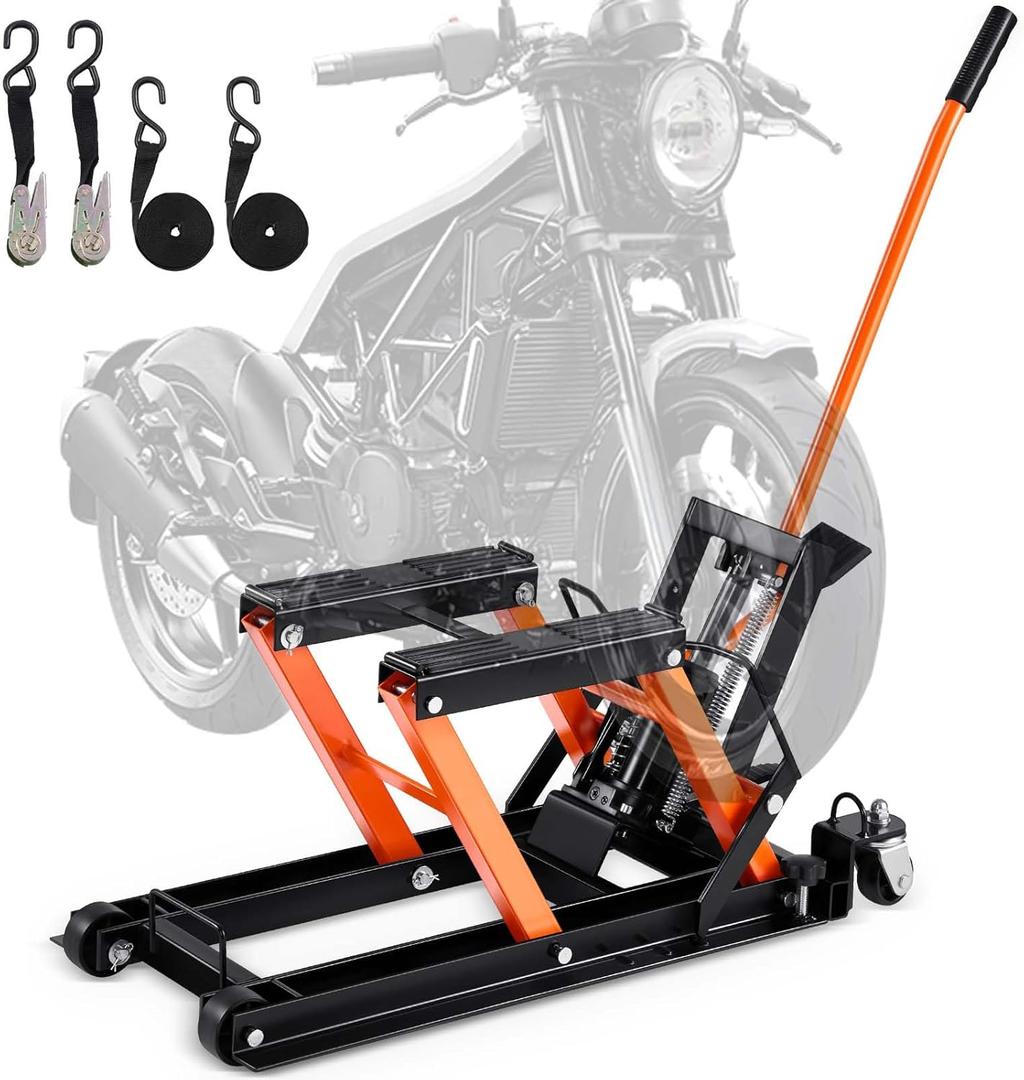 VEVOR Hydraulic Motorcycle Lift Jack 1500 LBS Capacity ATV Scissor Lift Jack Portable Motorcycle Lift Table with 4 Wheels Hydraulic Foot-Operated Hoist Stand for Motorcycle ATV UTV Powersports (Orange)