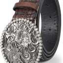 Womens-Western-Belt Rhinestone-Cowboy-Cowgirl Belt - Embossed PU-Leather Belt with Diamond Flower-Buckle(for 31-38'') (Brown)