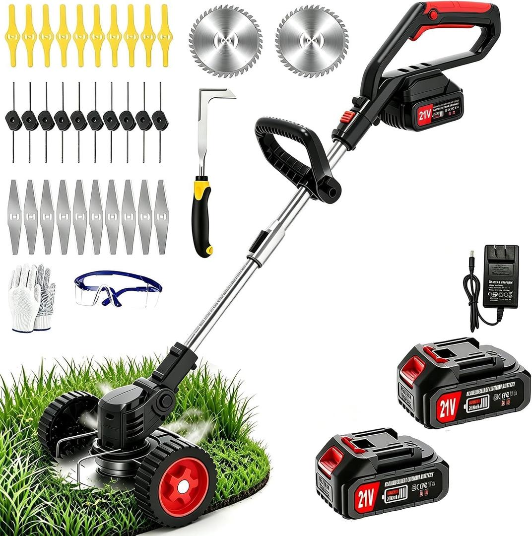 Cordless Weed Wacker 21V Electric Eater Battery Powered, 4 in 1 Lightweight Portable Stringless Weed Trimmer x 2 Battery Operated, Grass Trimmer/Brush Cutter/Lawn Edger with Wheels for Garden Yard, Standard