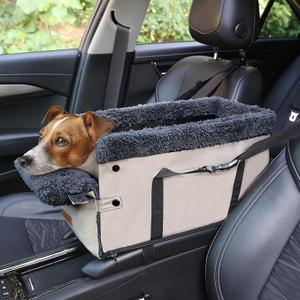 Center Console Dog Car Seat for Small Dogs,PU Leather Small Dog Car Booster Seat,Washable Foldable with Safe Protection Hooks Adjustable Straps and Storage Pocket Pet Up to 18 lbs