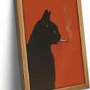 Wood Framed Vintage Black Cat Wall Art Funny Cat Smoking a Cigarette Picture Wall Decor Whimsical Animal Poster Bar Cart Painting Print Artwork for Bar Kitchen Living Room Decoration