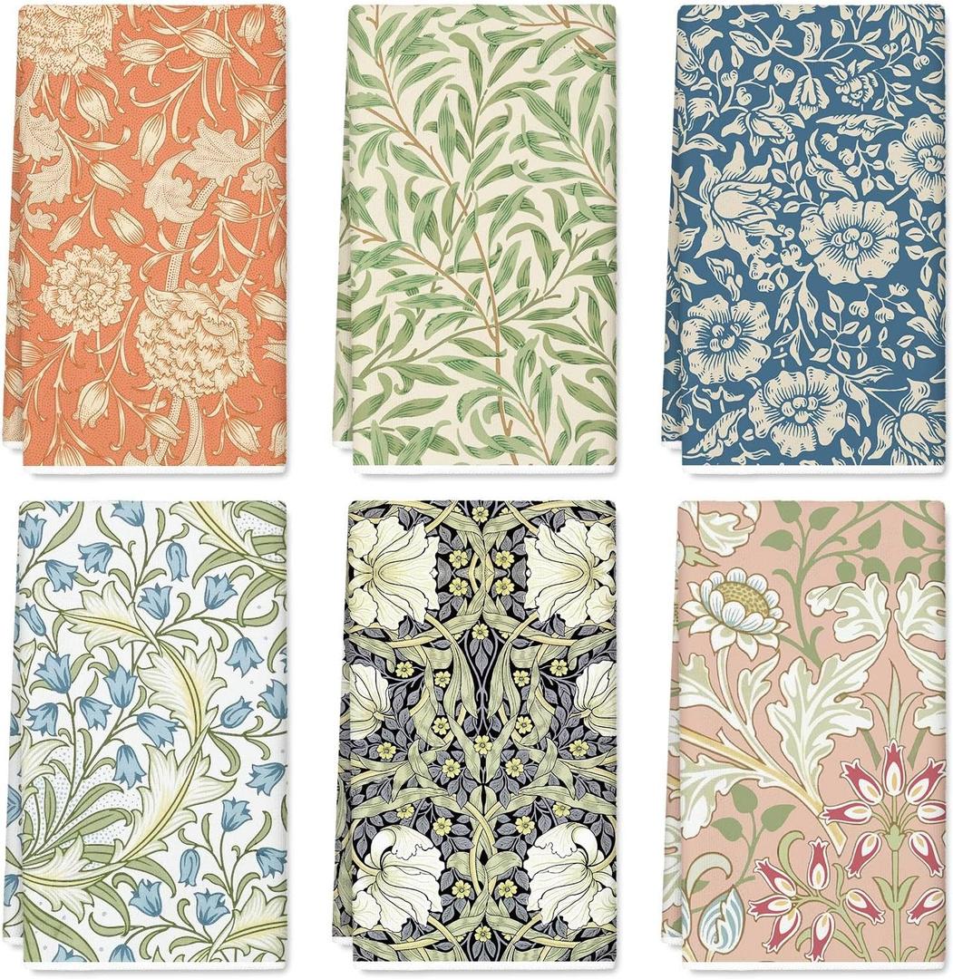 JarThenaAMCS William Morris Floral Kitchen Towel 18 x 28 Inch Wildflower Dishcloth Decorative Hand Drying Tea Towel for Baking Cooking Cleaning Party Supplies, 6Pcs (Vintage Flowers)