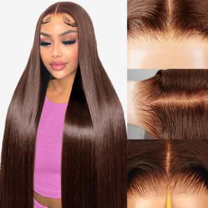 Chocolate Brown Glueless Wig Human Hair 28Inch Wear and Go Glueless Wig Human Hair Pre Cut 220% Density Brown Straight Human Hair Wig 7x5 Closure Wigs for Black Women 3 Seconds Ready to Wear (4#)