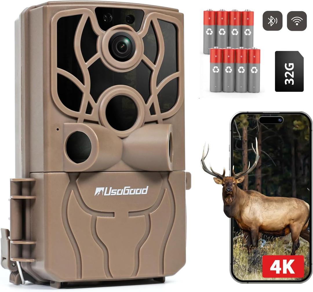 usogood Trail Camera 4K 48MP Game Camera with 8 Batteries 32GB Card,WiFi Bluetooth Connection,Trail Cameras with Night Vison Motion Activated Waterproof for Deer/Hunting/Wildlife Monitoring (brown)