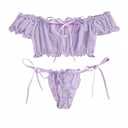Lilosy Sexy Stretch Ruffle Tie Sheer Mesh Lingerie Set Outfits 2 Piece Women Kawaii Cute See Through Matching Bra Panty Underwear Chiffon Lavender Purple Large