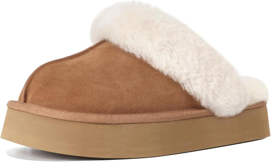 OOW Fuzzy Platform Slippers for Women - Women's Casual Winter House Slippers - Brown, Faux Fur & Shearling Blend - Women's Size (10)