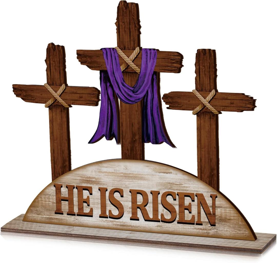 Beeveer Empty Tomb Easter Scene and Cross Decoration He Is Risen Decor Religious Wooden Tabletop Signs Christian Table Centerpiece for Easter Birthday Rustic Farmhouse Home Spring Decor(Classic Style)