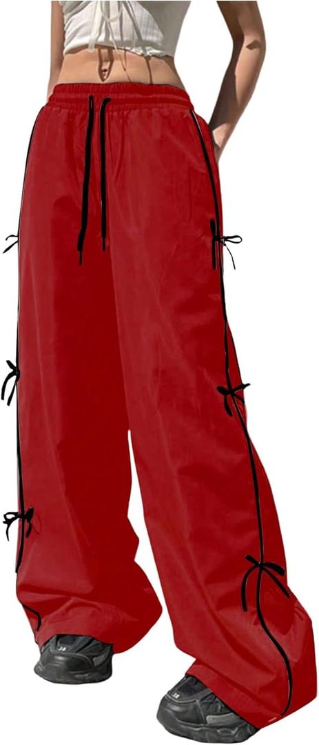 BEAUDRM Girl's Y2k Bow Baggy Pants Parachute Track Pants Wide Leg Loose Sweatpants Drawstring Joggers Hip Hop Dance, Red, Size: 8Y