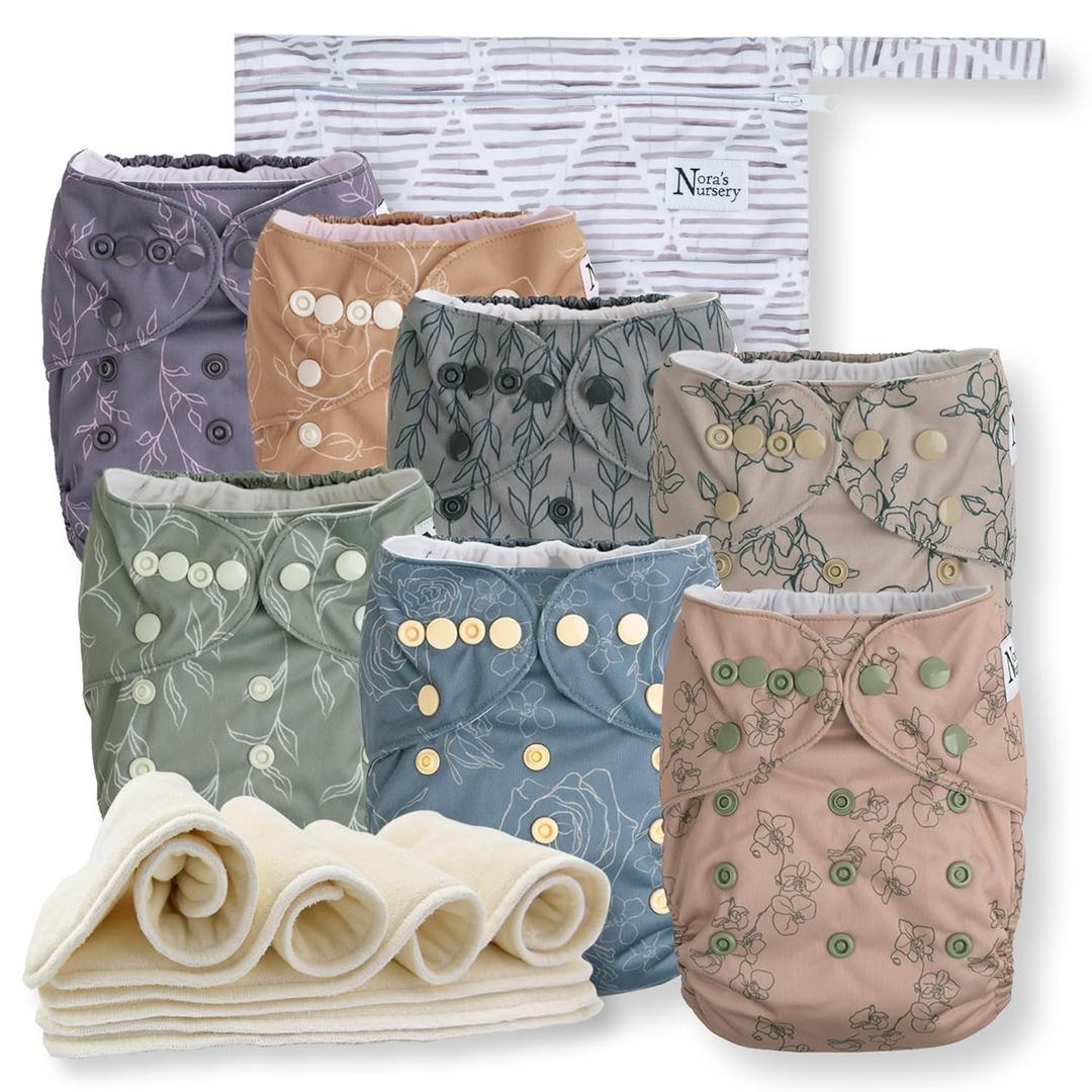 Nora's Nursery Cloth Diapers 7 Pack with 7 Inserts & 1 Wet Bag - Waterproof Cover, Washable, Reusable & One Size Adjustable Pocket Diapers for Newborns and Toddlers - Modern Blooms Nora's Nursery Cloth Diapers 7 Pack with 7 Inserts & 1 Wet Bag - Waterproof Cover, Washable, Reusable & One Size Adjustable Pocket Diapers for Newborns and Toddlers - Modern Blooms