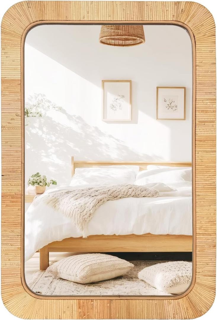 Rattan Rectangular Mirror 24x36, Boho Decorative Wall Mirror for Bathroom, Farmhouse Vanity Mirror for Nursery, Bedroom, Living Room Decor, Nursery & Children's Room