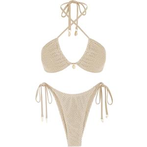 ZAFUL Women's Bikini Set Fishnet Triangle Tie Convertible Collar Halter Bandeau Shell Two Piece Bathing Suit (Large, Khaki)