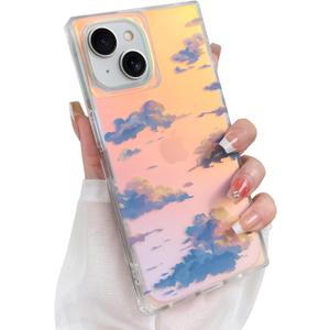 Cute Case for iPhone 13 Case for Women Girls with Iridescent Cloud Pattern Design, Aesthetic Trendy Girly Matte Glitter Sparkly Rainbow Rectangle Protective Phone Cover, Sun Set Sky